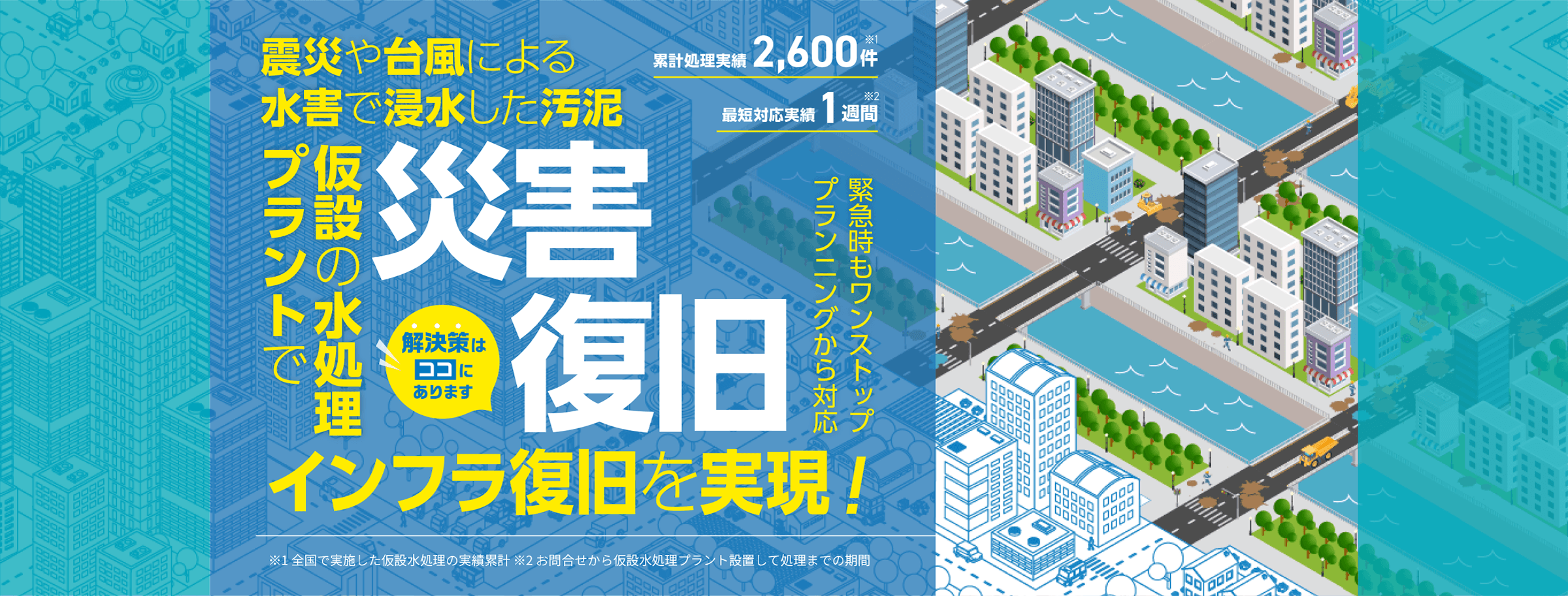 震災や台風による水害で発生した汚泥 仮設の水処理プラントでインフラ復旧を実現!災害復旧 緊急対応もワンストップ対応 累計処理実績2600件 最短対応実績1週間